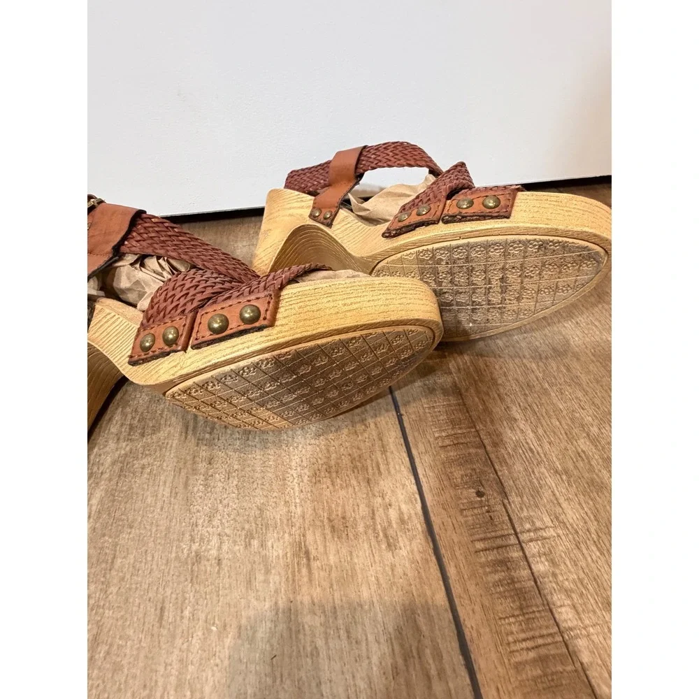 GH Bass Sadie Woven Leather Wood Platform Sandals Brown boho strap's braided
